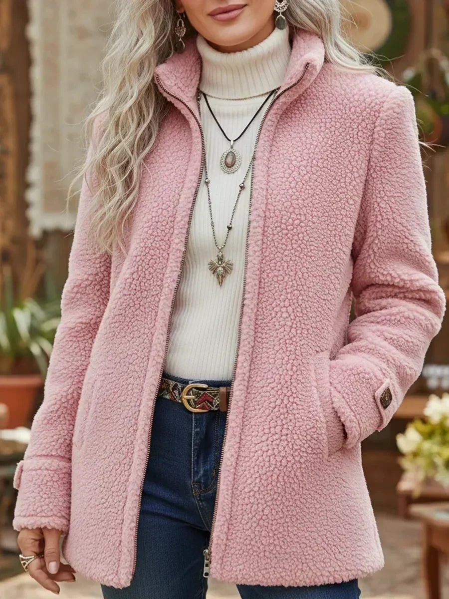 Judith stand-collar zip jacket in pink, close front view of textured finish