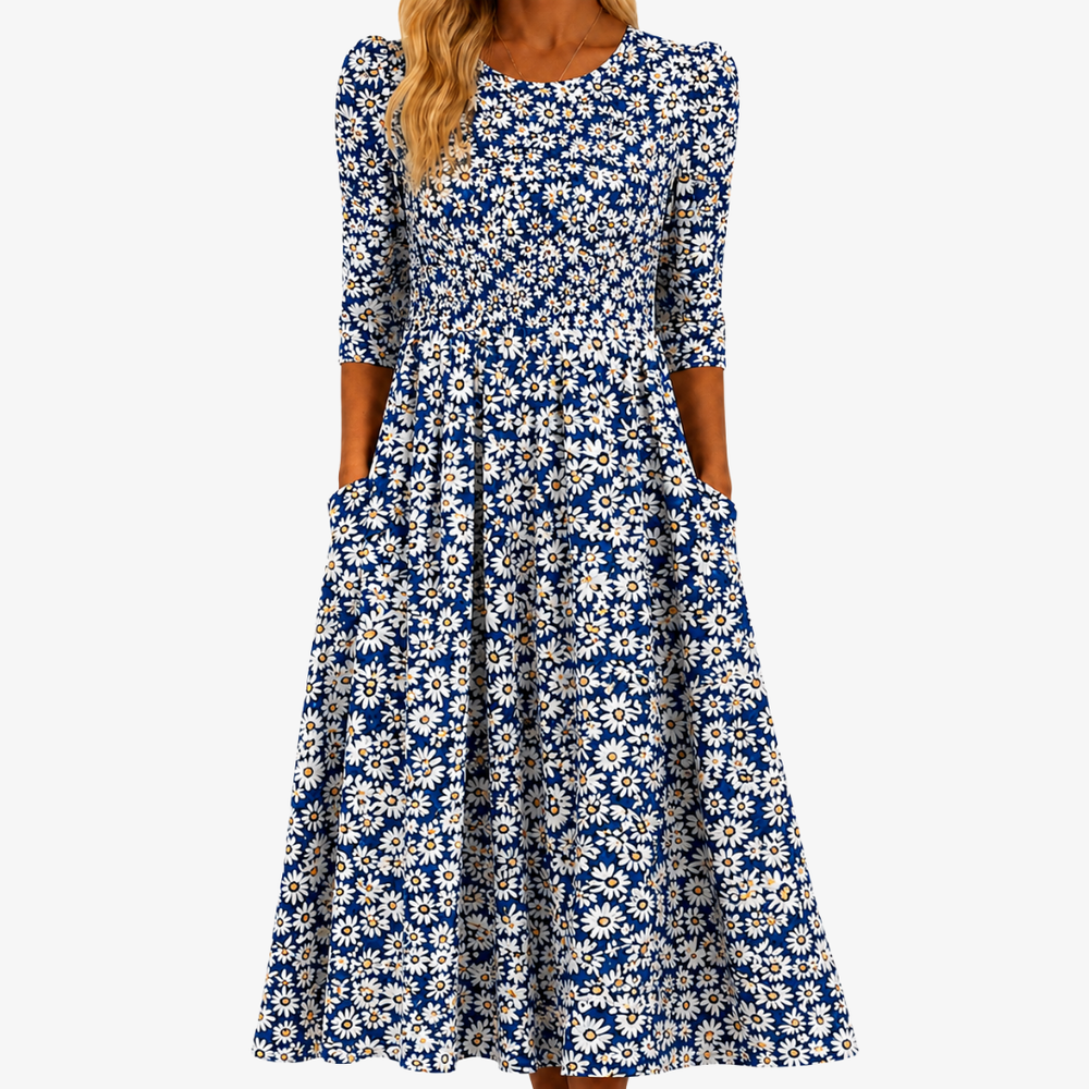 Blue daisy print pocket maxi dress with three-quarter sleeves, front view