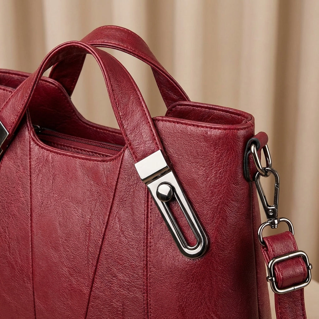 Sienna handbag close-up of silver-tone handle hardware in burgundy