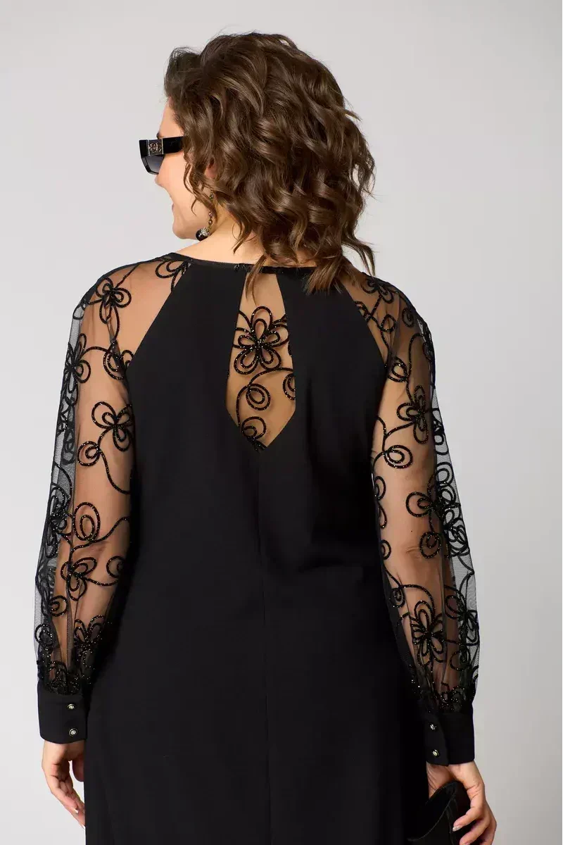 Nicole dress in black, back view showing sheer embroidered keyhole panel