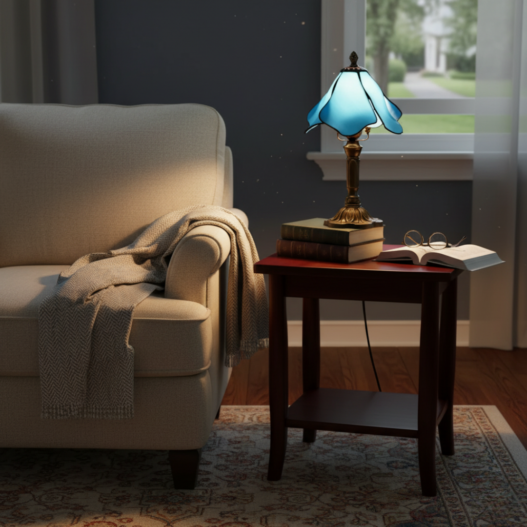 Blue Fairy lamp on a side table next to a sofa and reading books