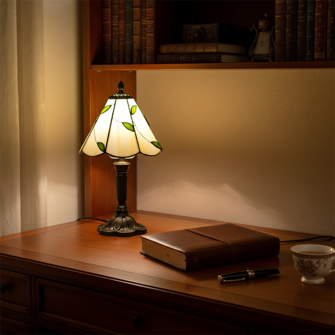 Blowing Wind lamp glowing on a wooden desk beside a leather notebook