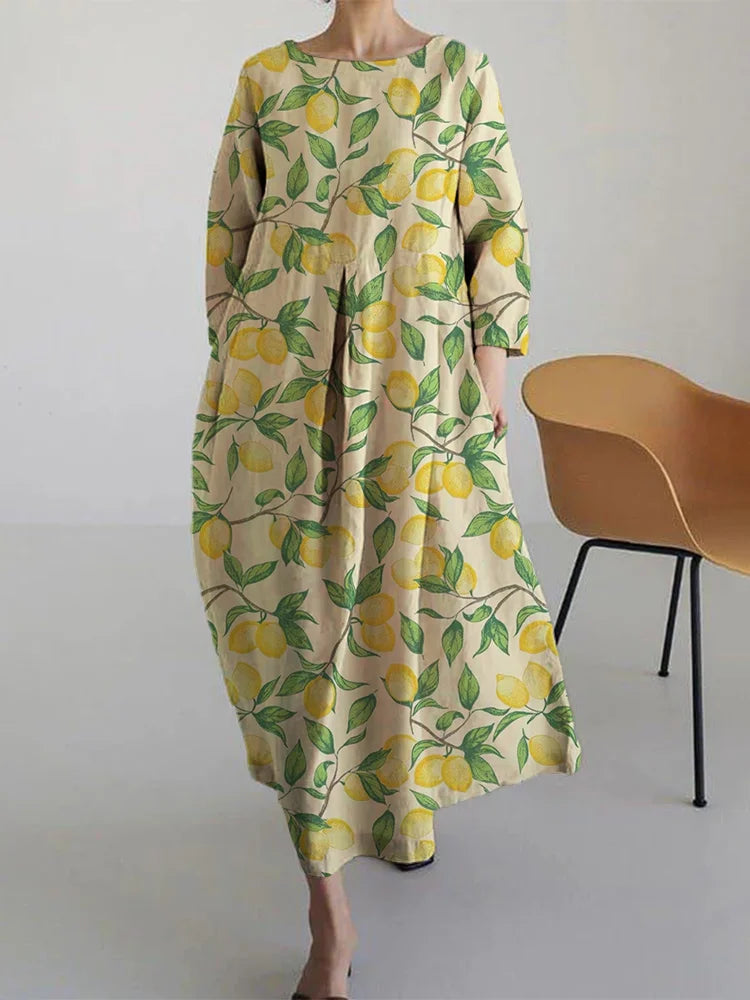 Tabitha floral summer dress in yellow lemon print, full-length front view