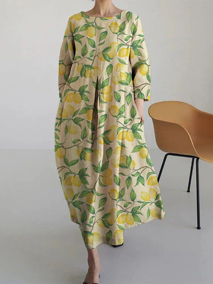 Tabitha floral summer dress in yellow lemon print, full-length front view