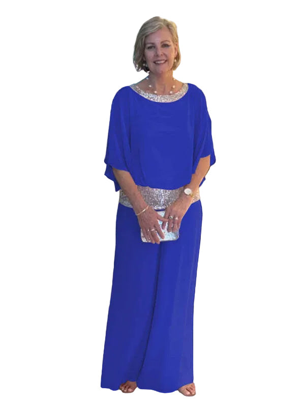 Ember two-piece occasion set in blue, full-length front view