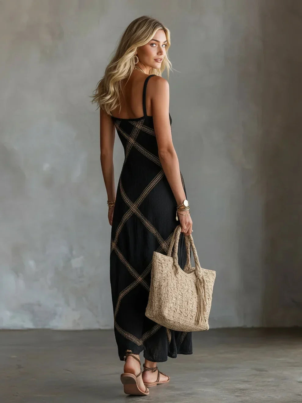 Melisa geometric maxi dress in black, back view with straps