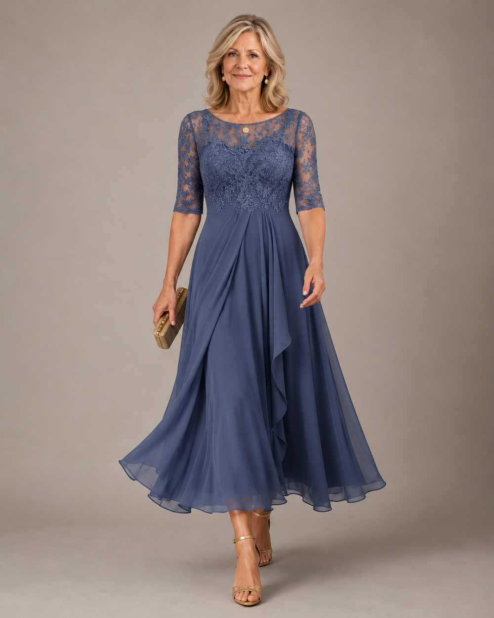 Rose lace midi dress in blue, full-length front view