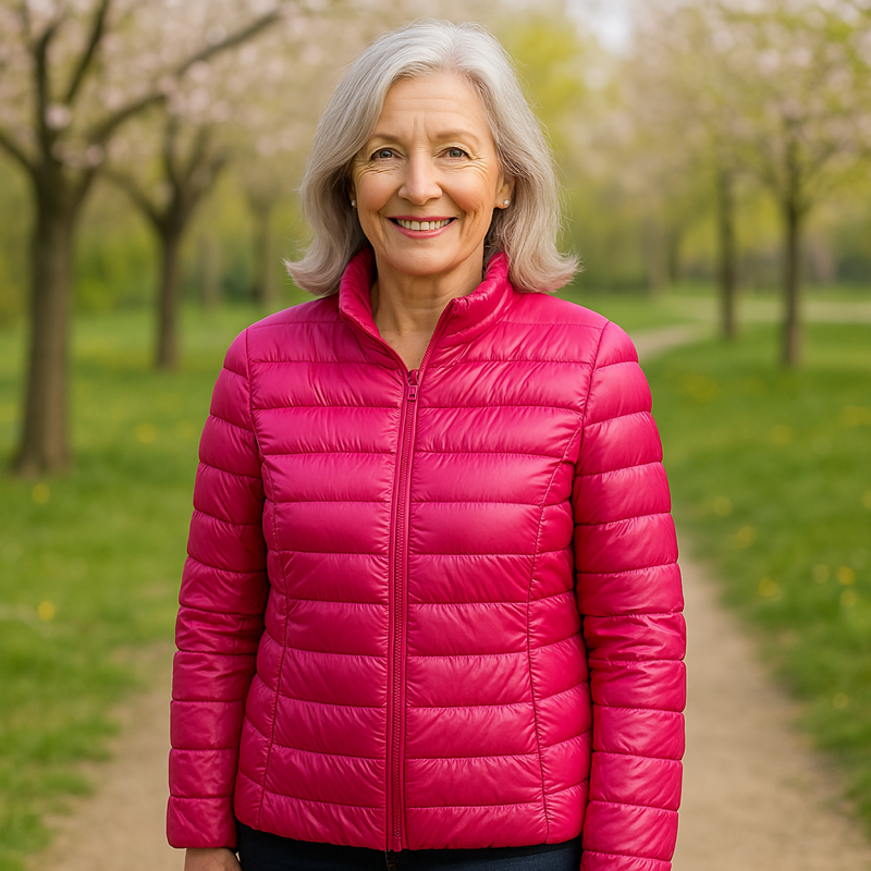 Ulla transitional jacket in pink, front view worn with standing collar