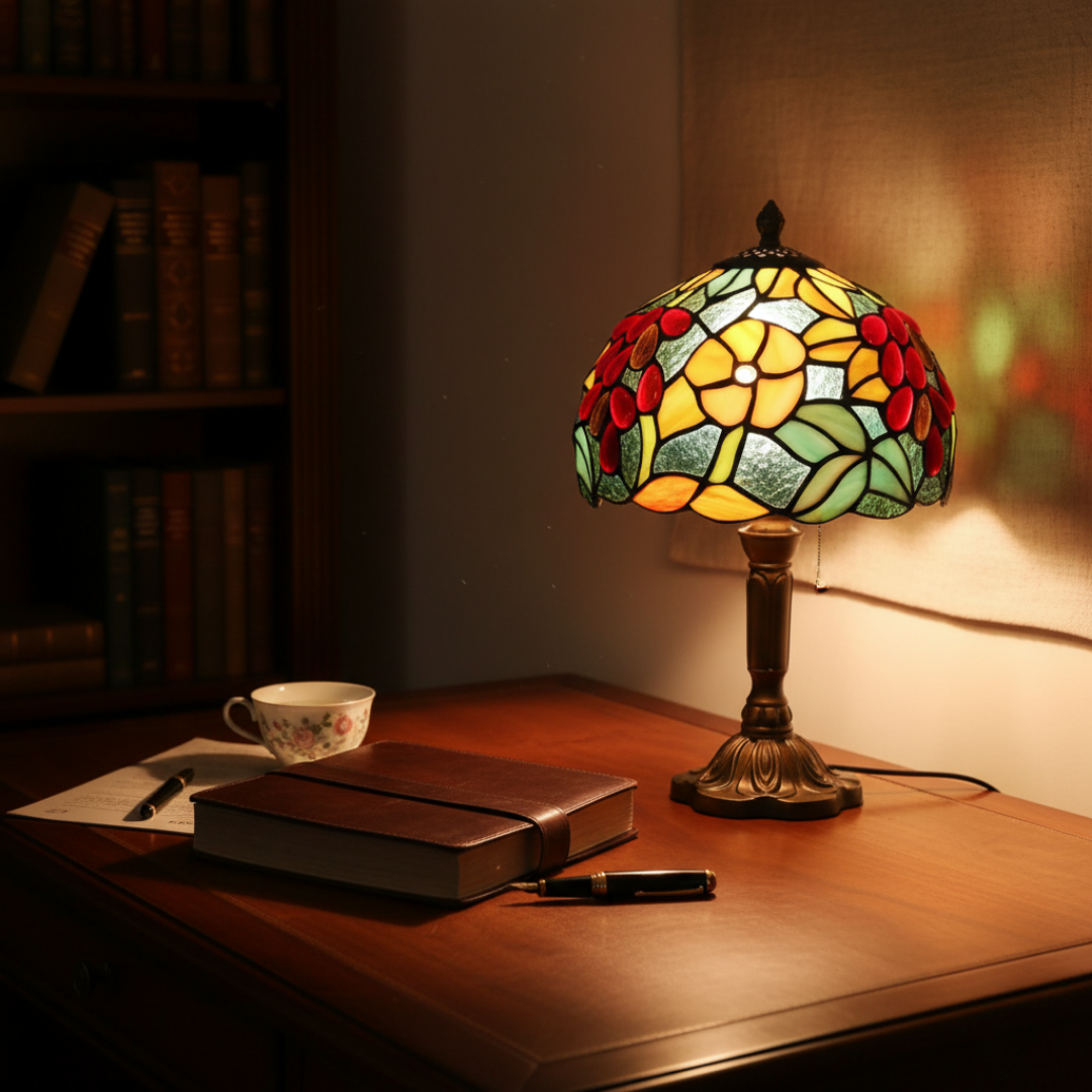 Arizona stained-glass lamp glowing on a wooden desk beside books