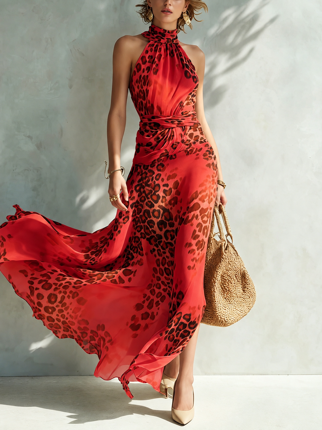 Daniela animal print maxi dress in red, full-length front view