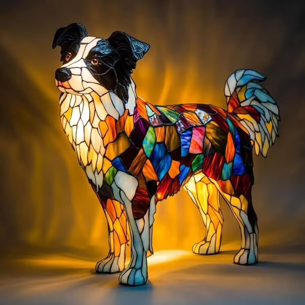 Border Collie glow lamp in multicoloured stained-glass effect resin, lit side view
