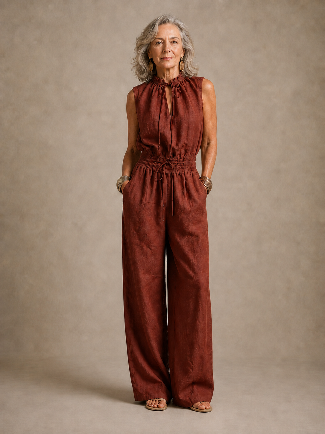 Zenaide wide-leg jumpsuit in terracotta, full-length front view