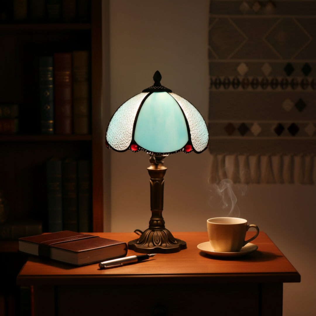 Blue Butterfly turquoise stained-glass lamp lighting a desk with a notebook and teacup