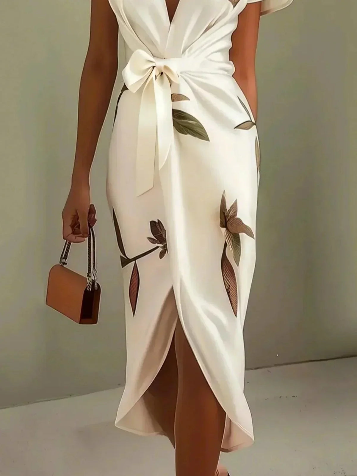 Melody midi dress in white, tulip hem and leaf print detail