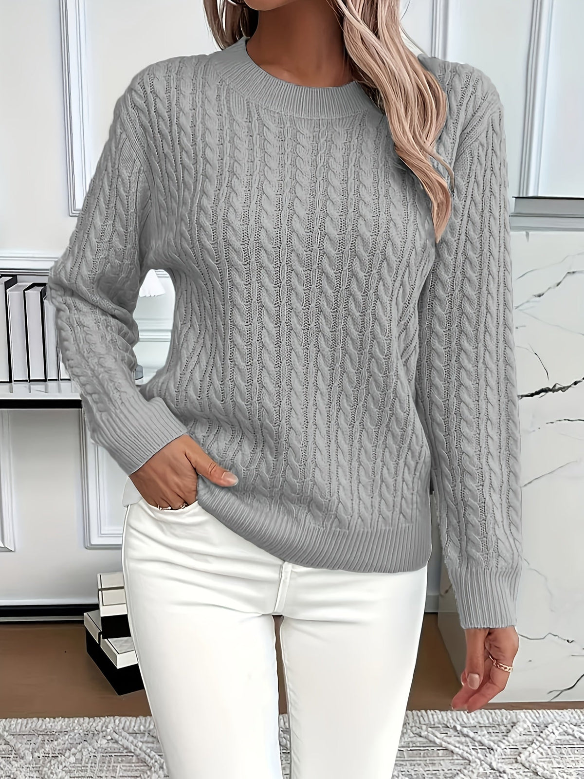 Bernila cable knit jumper in grey, front view