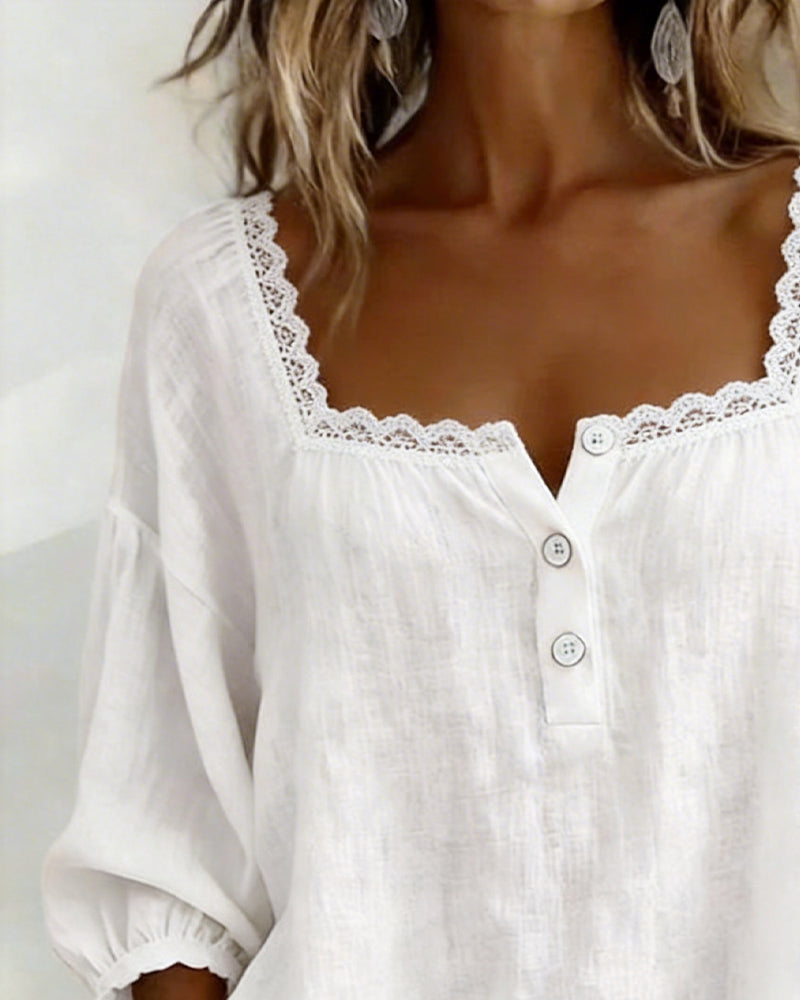 Elodie blouse in white, close view of lace-trimmed square neckline