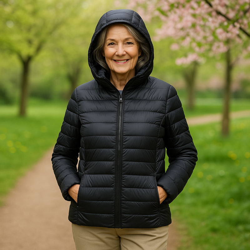 Metta transitional padded jacket in black, hood up, front view outdoors