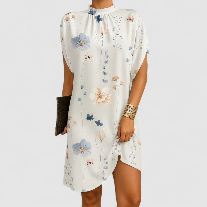 Larissa elegant dress in white floral print, front view
