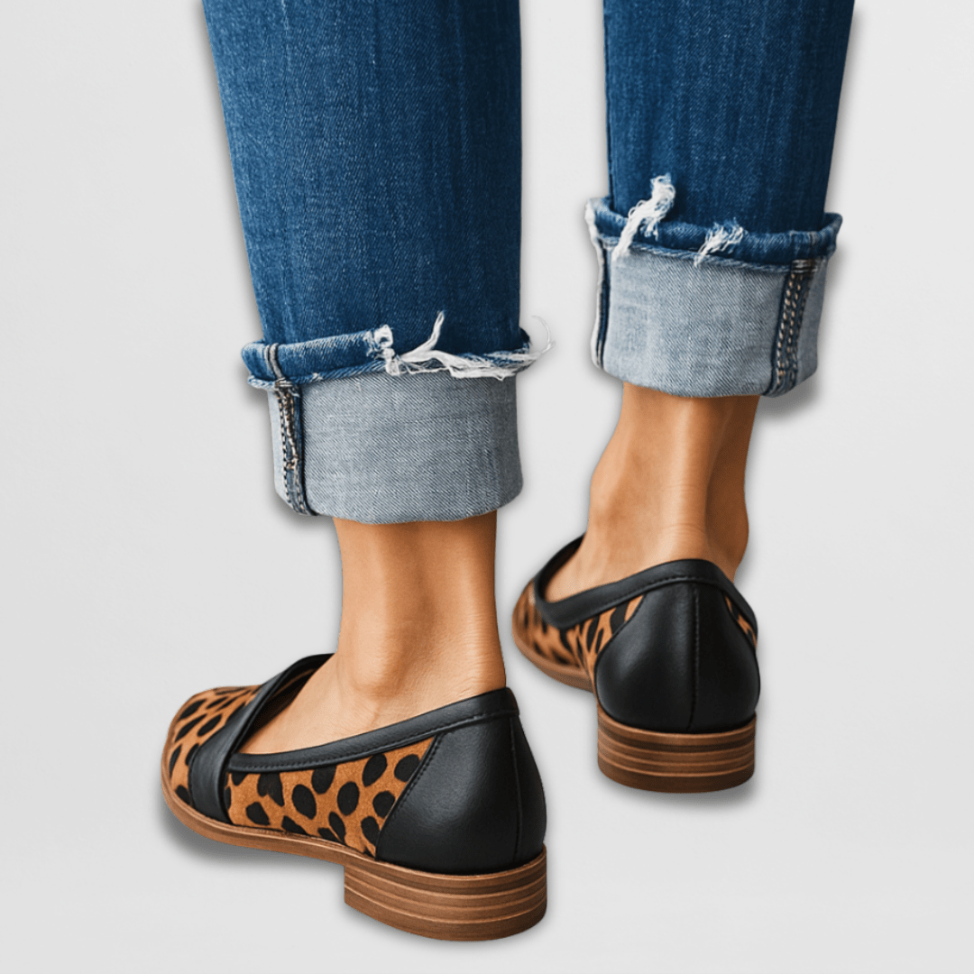 Sylvia leopard loafers, close-up back view showing low heel