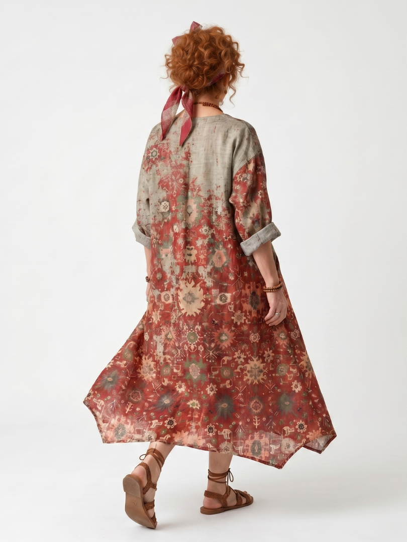 Saffron mixed pattern midi dress in rust red, full-length back view