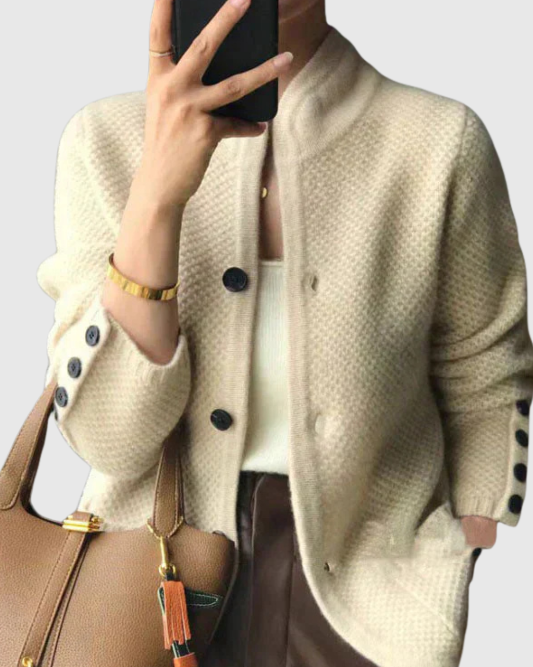 Meliora cardigan in beige, close view of button front and cuff buttons