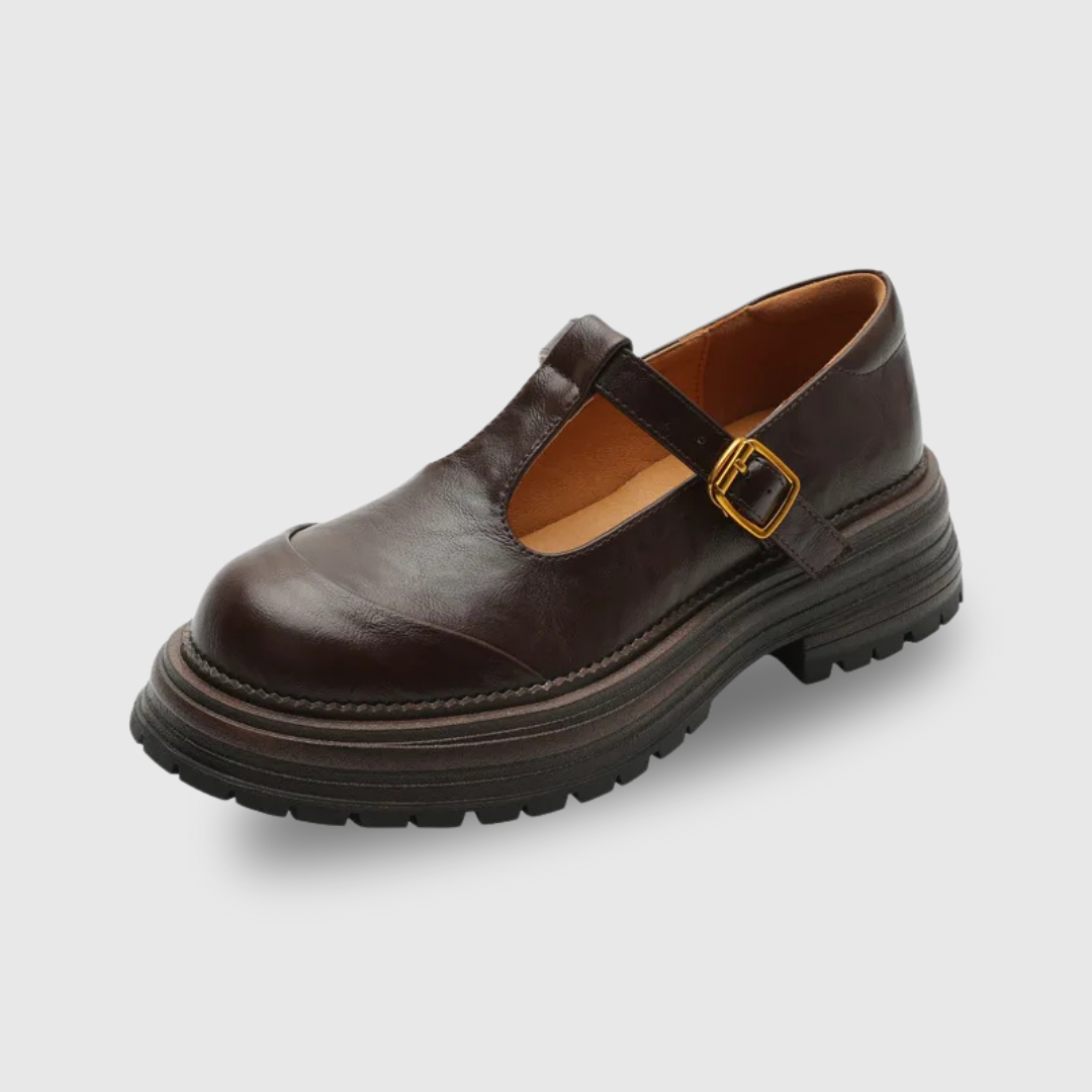 Luna classic T-bar shoe in brown, side view on plain background