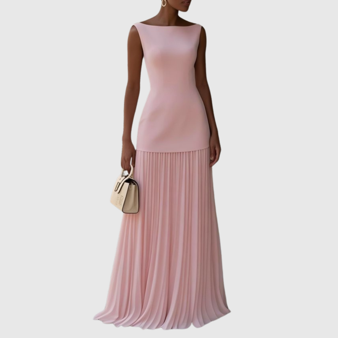 Coralie pleated maxi dress in pink, full-length front view