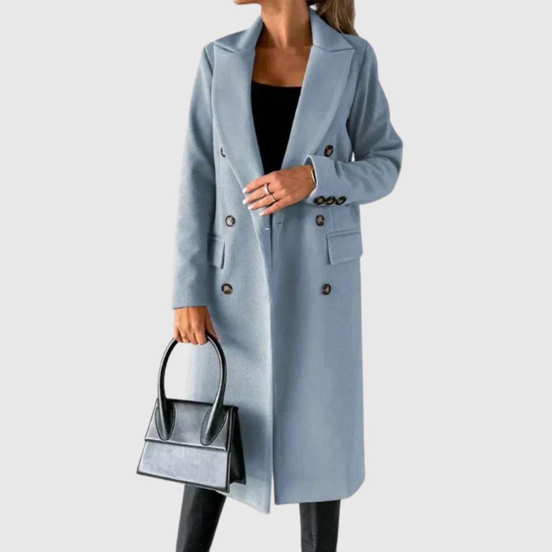 Aveline winter coat in light blue, front view with flap pockets