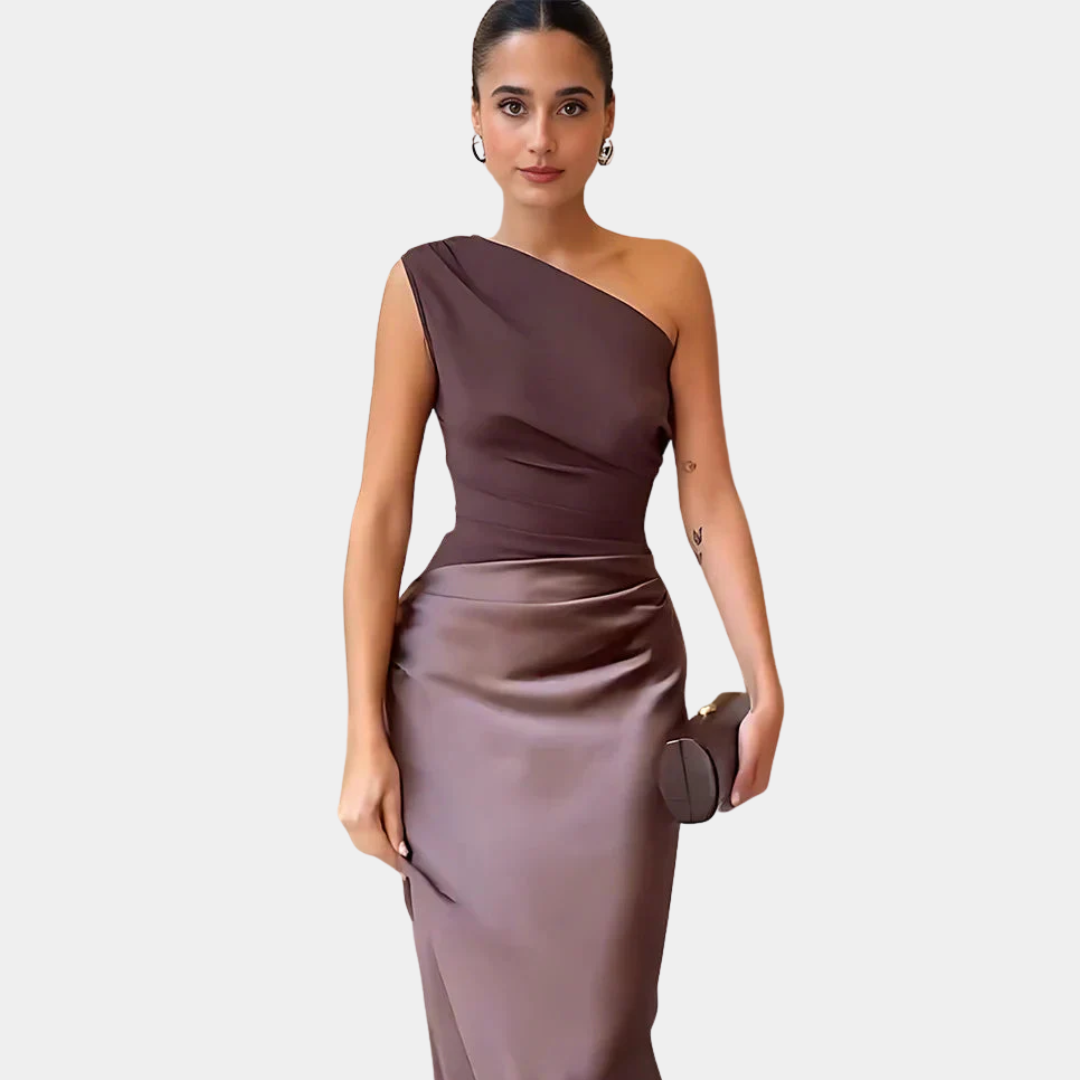 Aleida one-shoulder maxi dress in brown, three-quarter front view