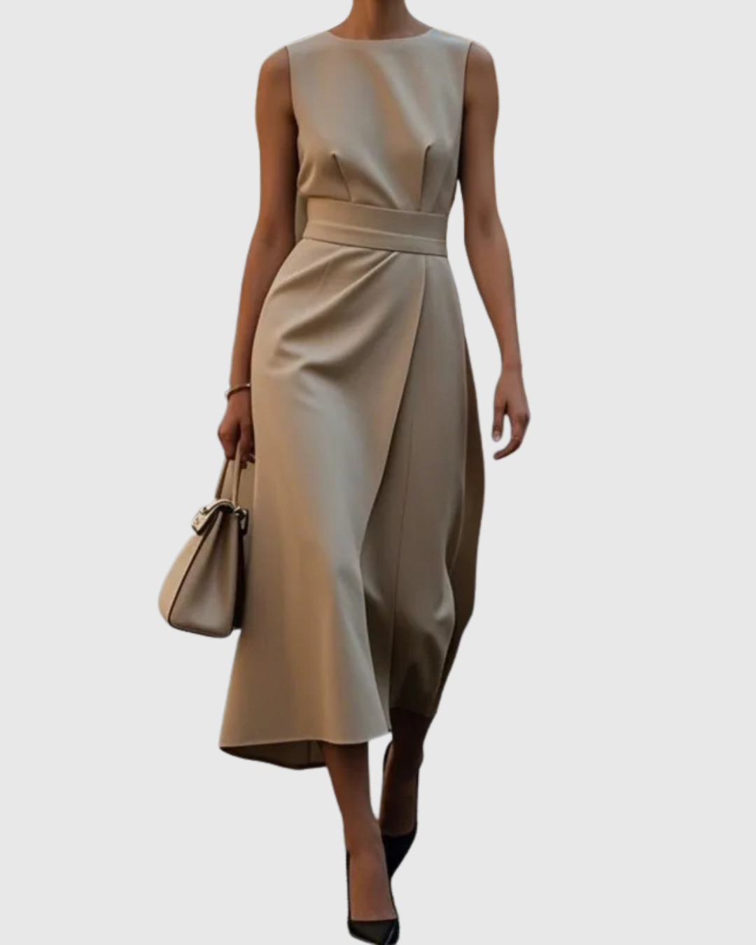 Clarimond round neck dress in beige, full-length front view