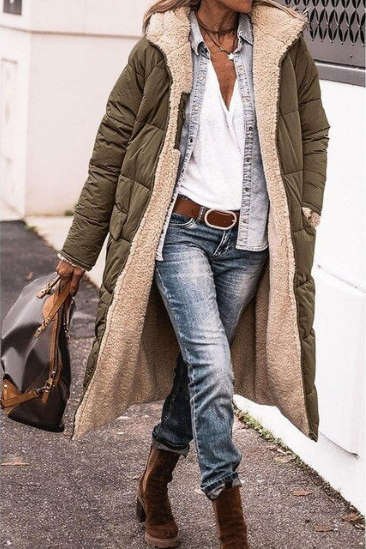 Celia reversible padded coat in army green, full-length front view
