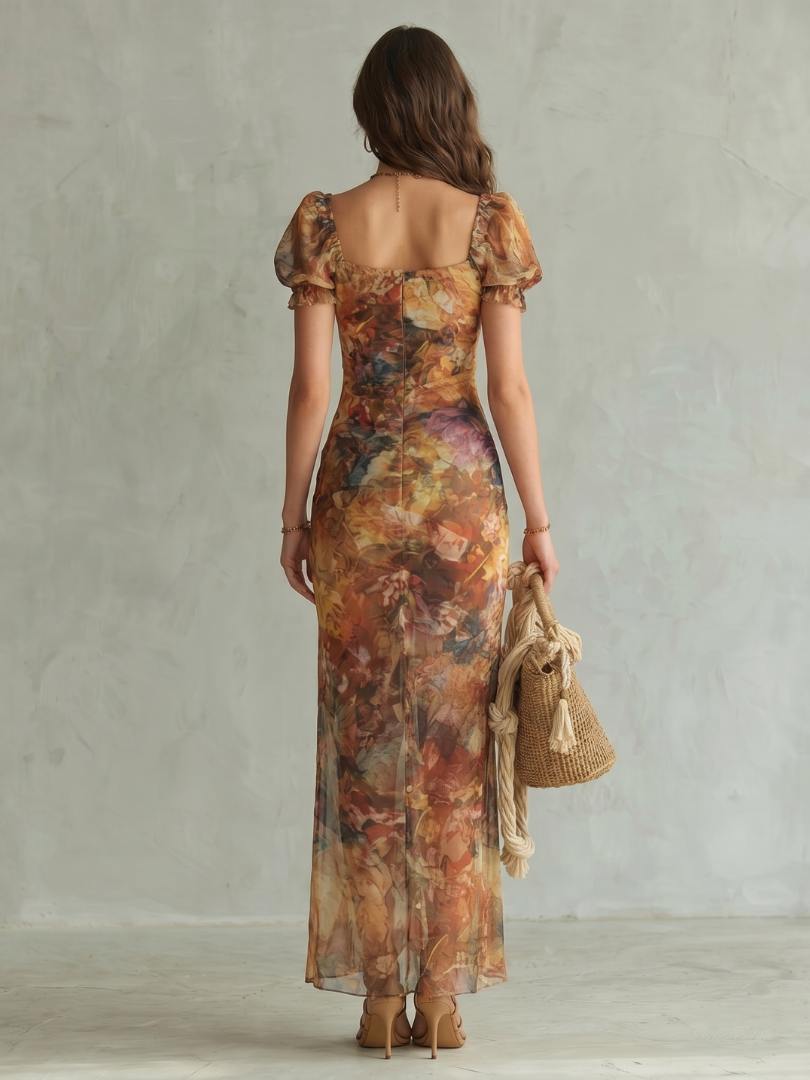 Ciel floral midi dress in amber print, back view
