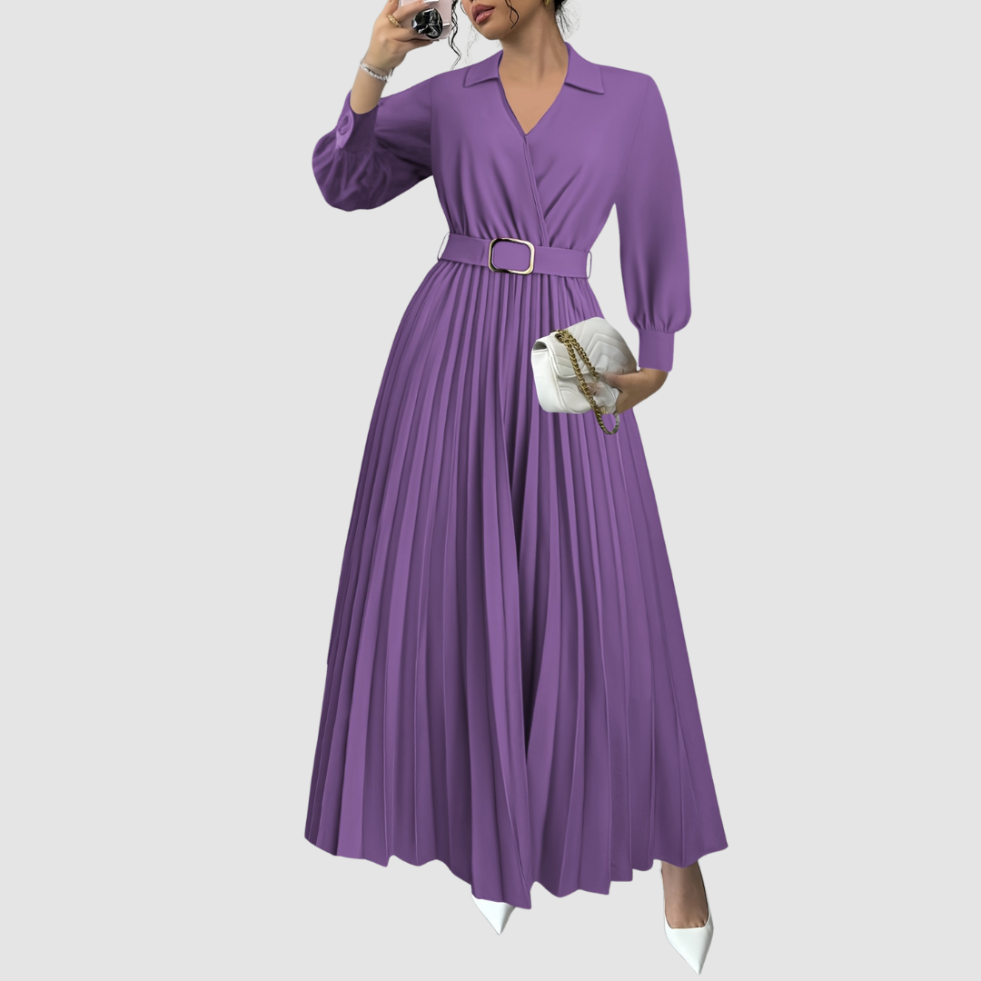 Margot Lane pleated maxi dress in purple, full-length front view