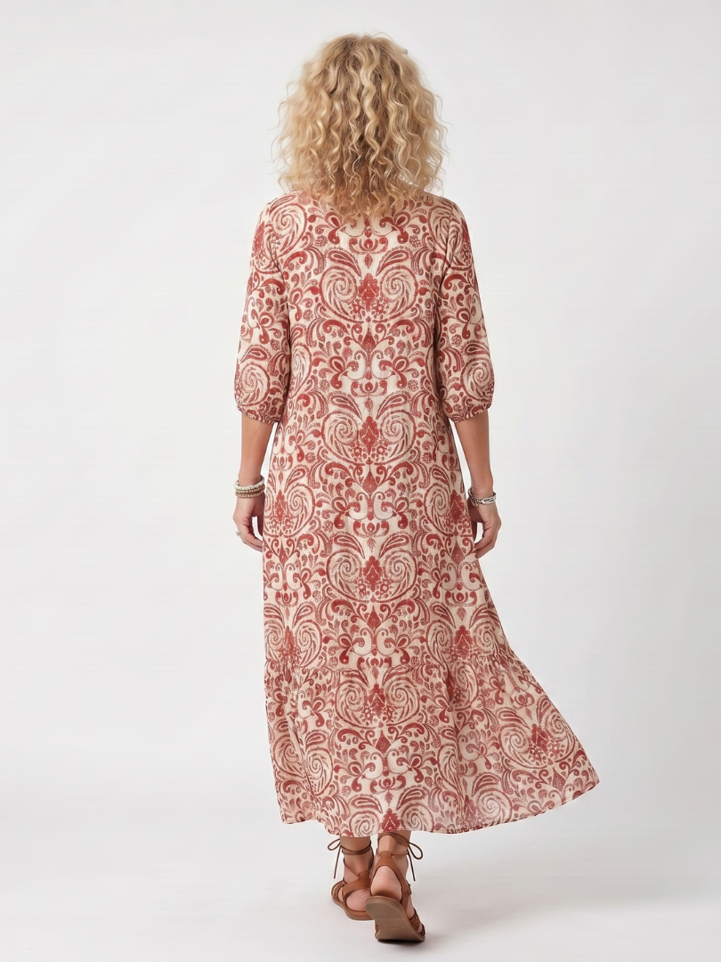 Noelle ornate print midi dress in red and cream, back view