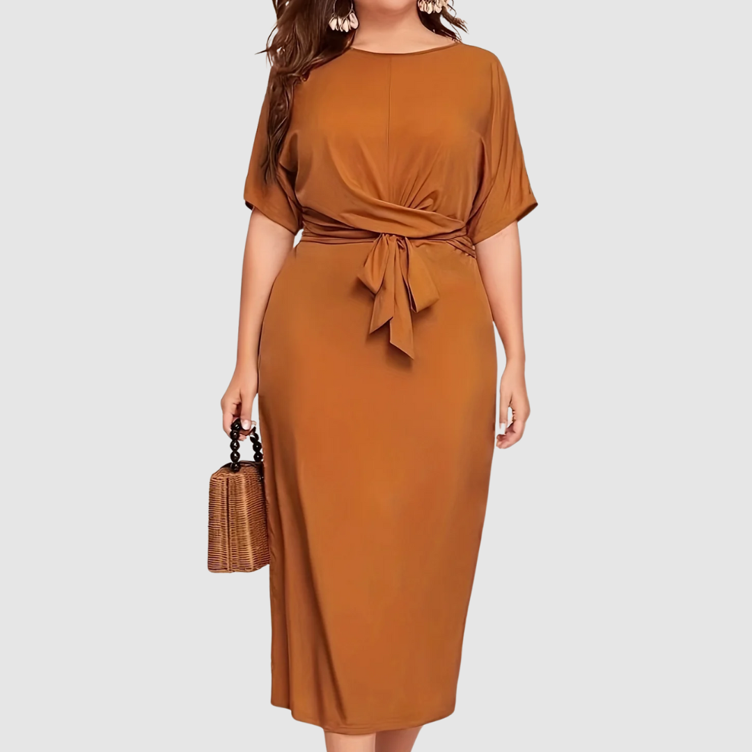 Margaux Lane timeless midi dress in brown, front view with waist tie