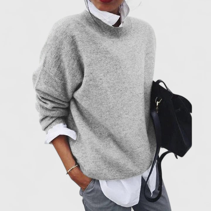 Lorna Winterberry sweater in grey, soft knit front view
