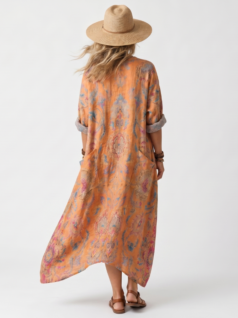 Remi printed midi dress in orange, full-length back view