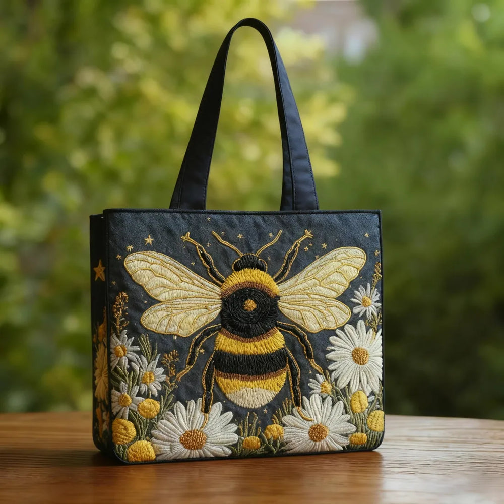 Handcrafted tote bag in navy with golden bee, white daisies and stars, front view
