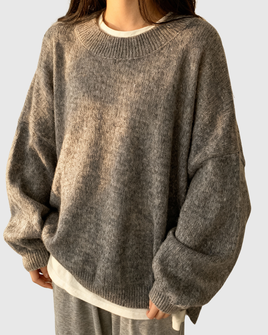 Colette oversized fleece sweater in grey, front view