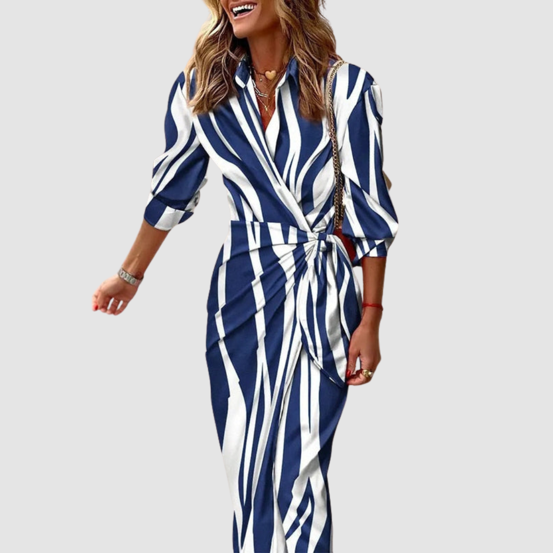 Cecilia wrap-front midi dress in navy and white stripe, front view
