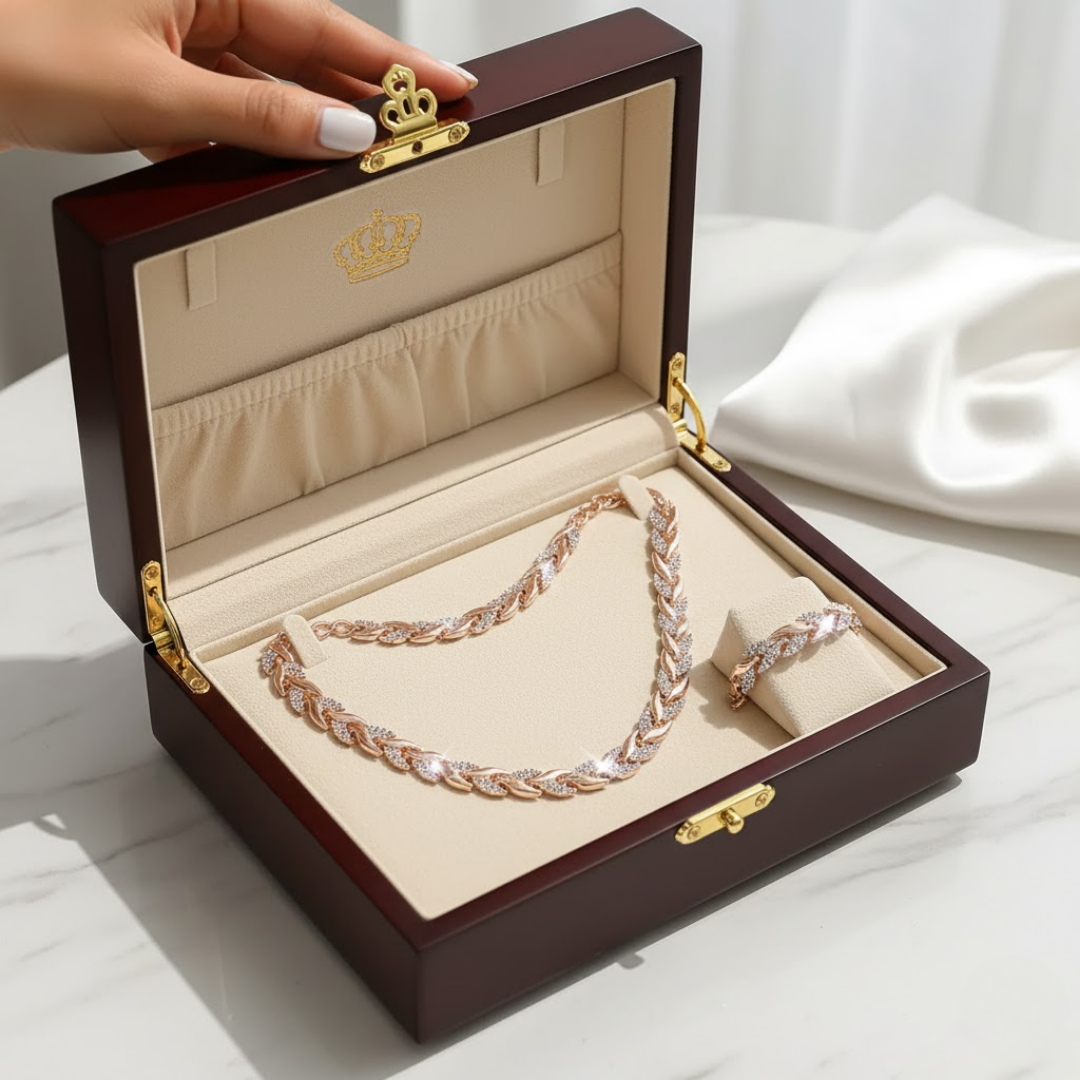 Rose gold jewellery set presented in a dark wooden gift box