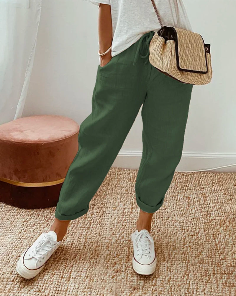 Agatha relaxed summer trousers in green, front view