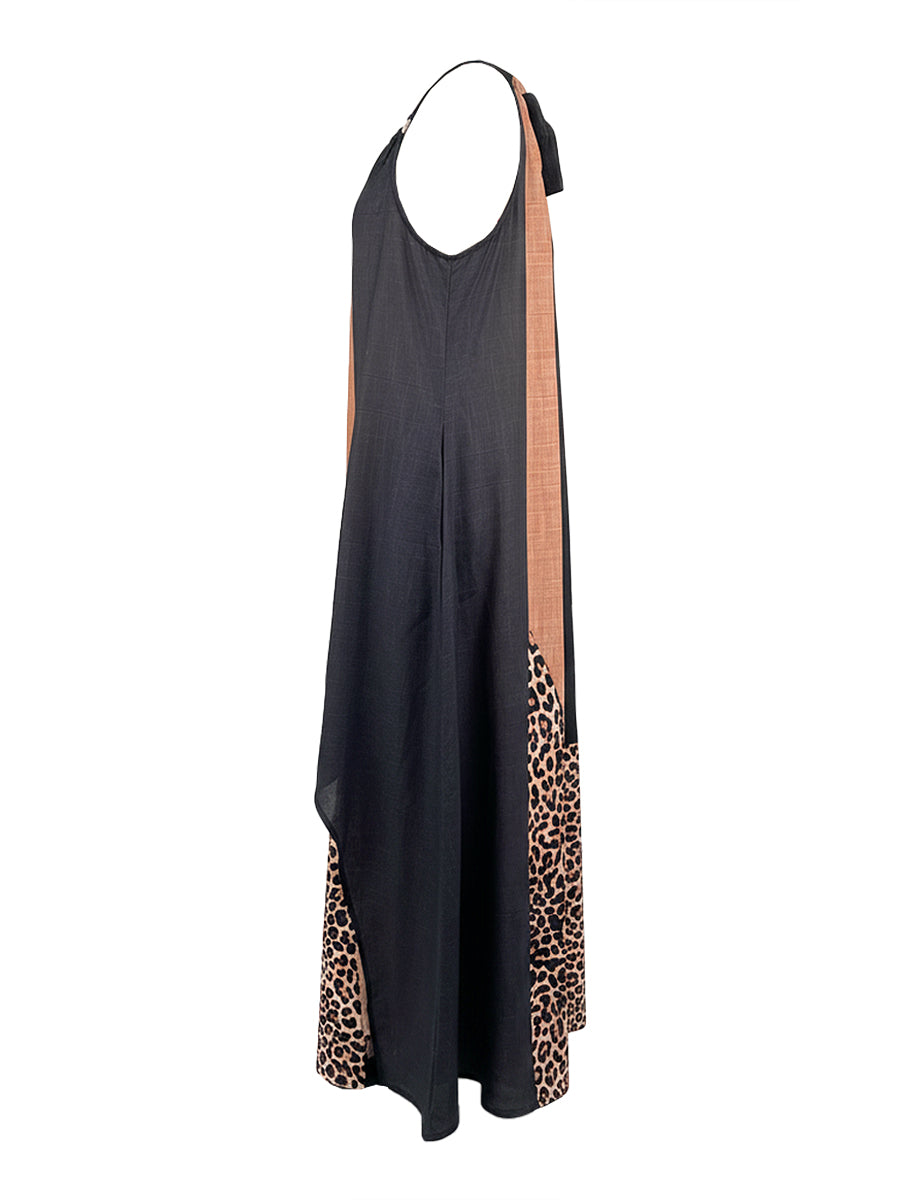 Myrna halter maxi dress in black and leopard, side profile view