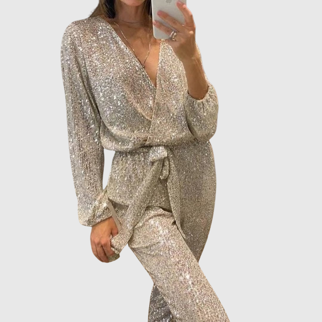 Aralyn sparkling party jumpsuit in silver, front view with tie belt