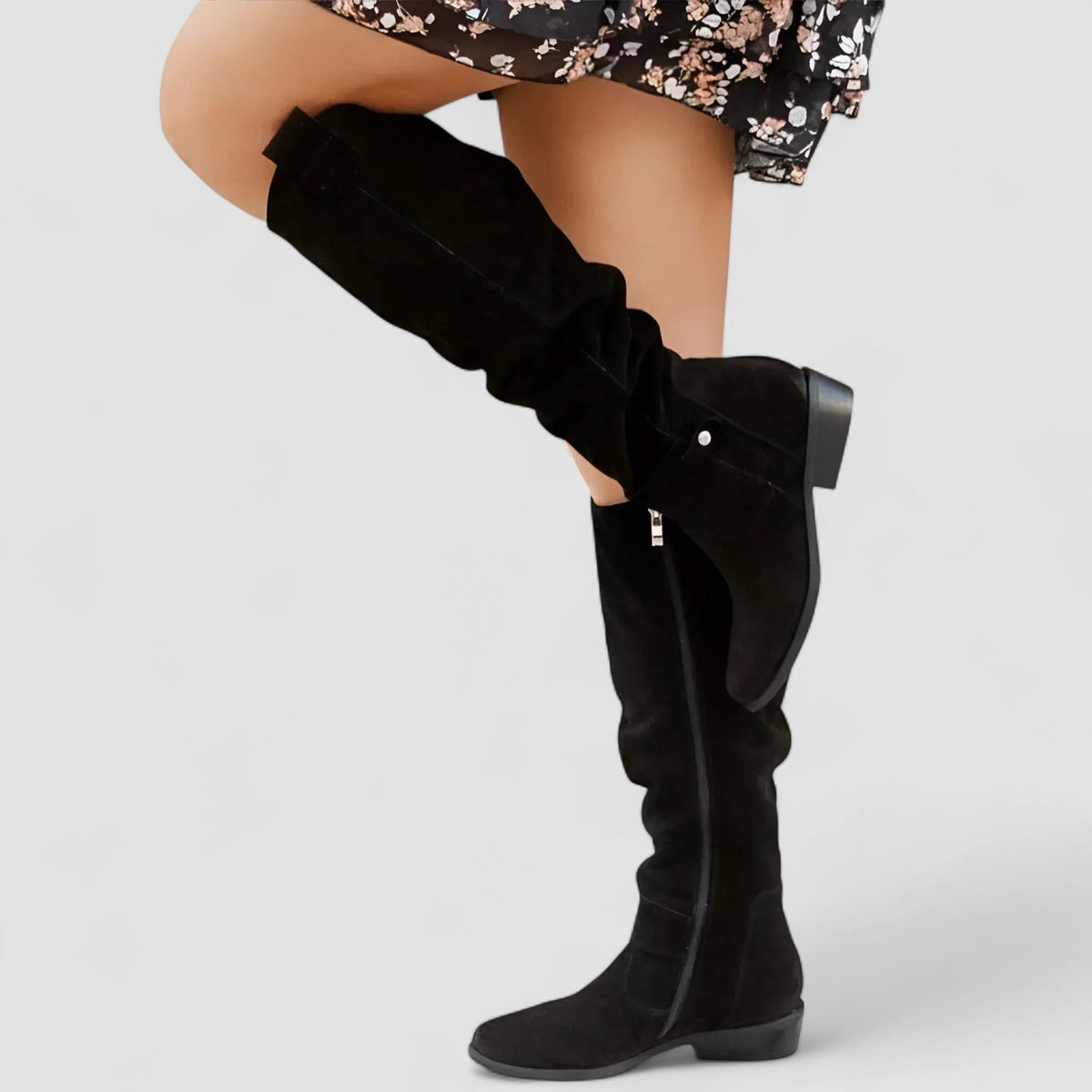 Adeliza slouch knee-high riding boots in black, worn side view