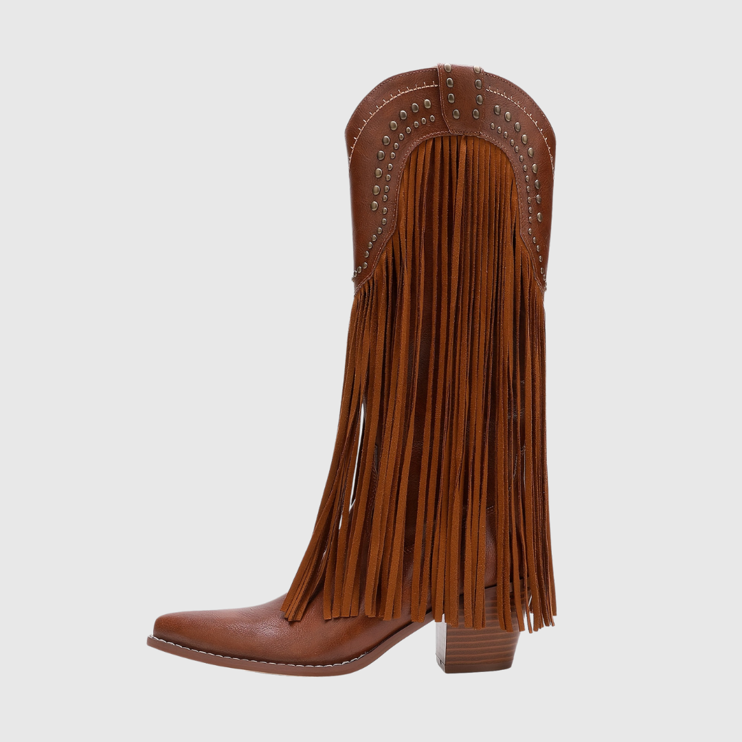 Damaris fringed Western boots in tan brown, side profile with long fringe