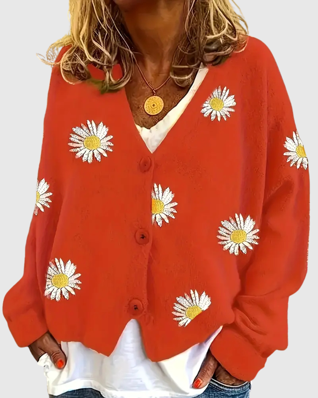Irene knit button cardigan in red with daisy motifs, front view