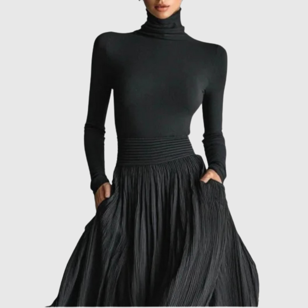 Cerynn maxi skirt set in black, close view of ribbed waistband and pockets