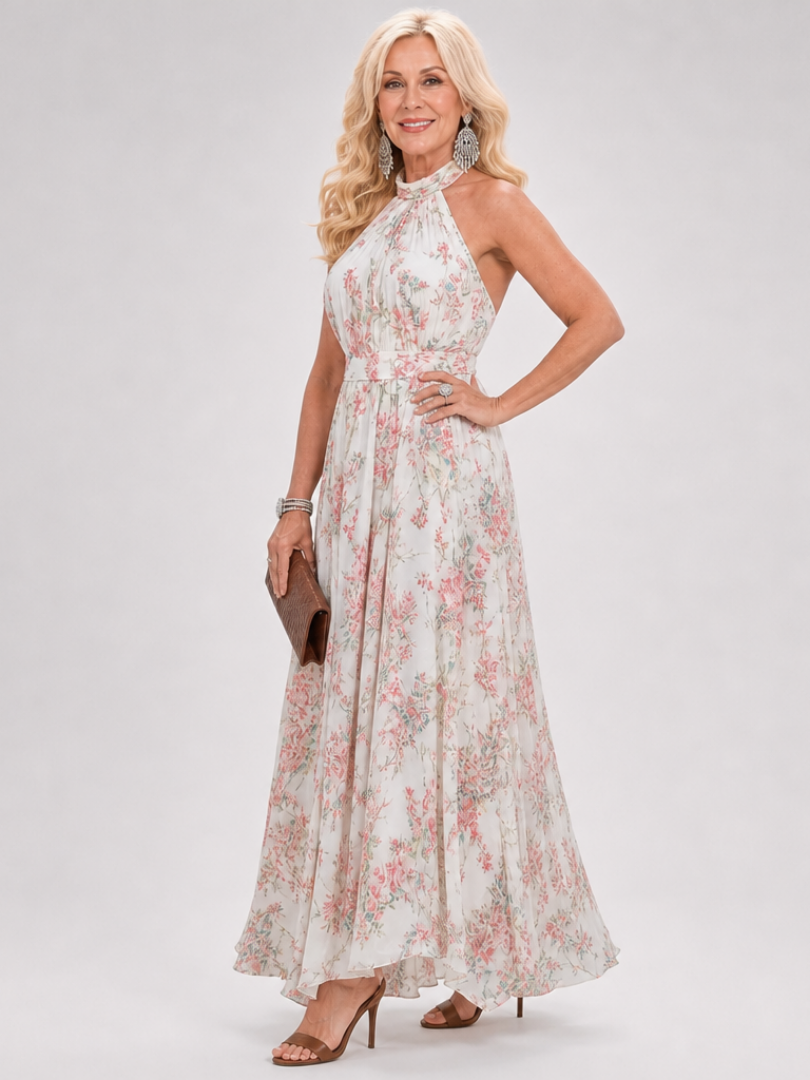 Guinevere floral midi dress in ivory pink, three-quarter side view