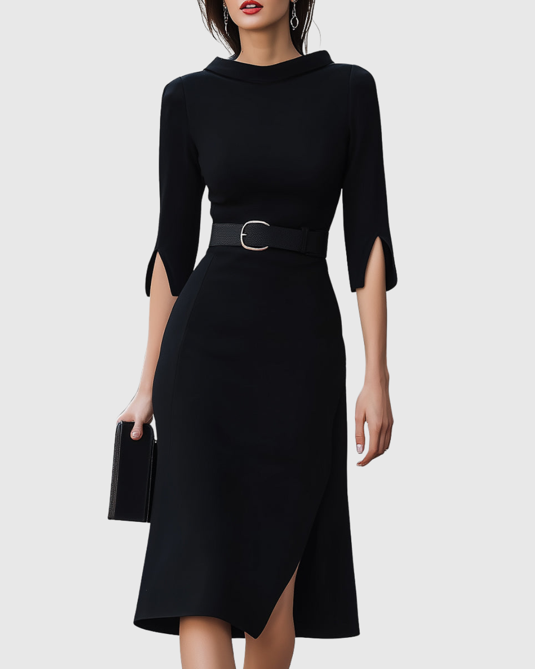Blythewyn classic black midi dress, front view with belted waist